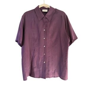 Lord & Taylor Silk Collared Button-Up Short Sleeve Shirt Dark Purple Size 8 EUC
